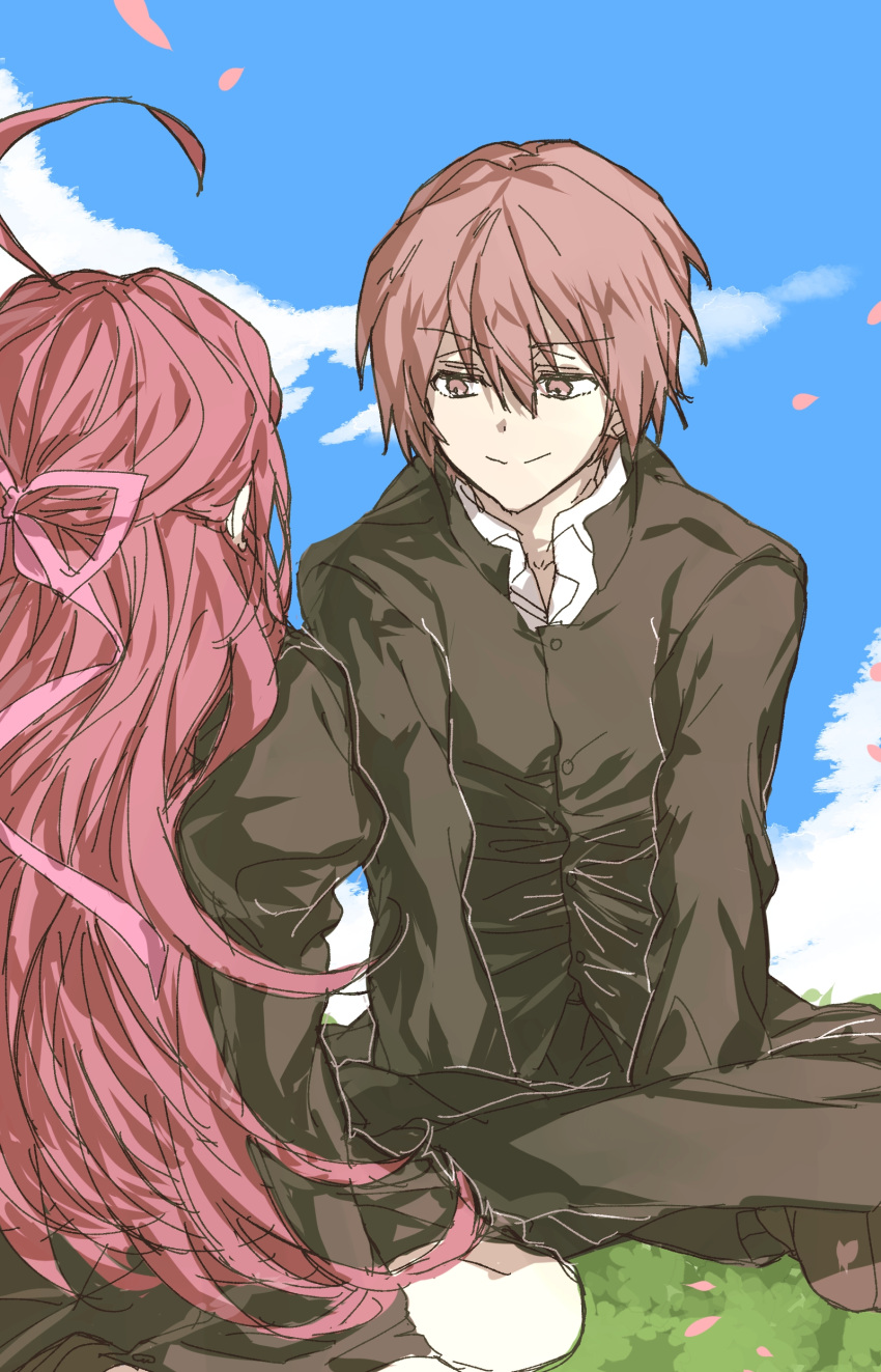 1boy, 1girl, absurdres, ahoge, between_legs, black_jacket, black_pants, black_skirt, blue_sky, brown_eyes, brown_hair, closed_mouth, clouds, collared_shirt, day, dress_shirt, from_behind, gakuran, hair_ribbon, hand_between_legs, highres, indian_style, jacket, juliet_sleeves, kusanagi_naoya, long_hair, long_sleeves, looking_at_another, misakura_rin, mydandeliongirl, outdoors, pants, pink_ribbon, puffy_sleeves, red_hair, ribbon, sakura_no_uta, school_uniform, shirt, short_hair, sitting, skirt, sky, smile, split_mouth, white_shirt