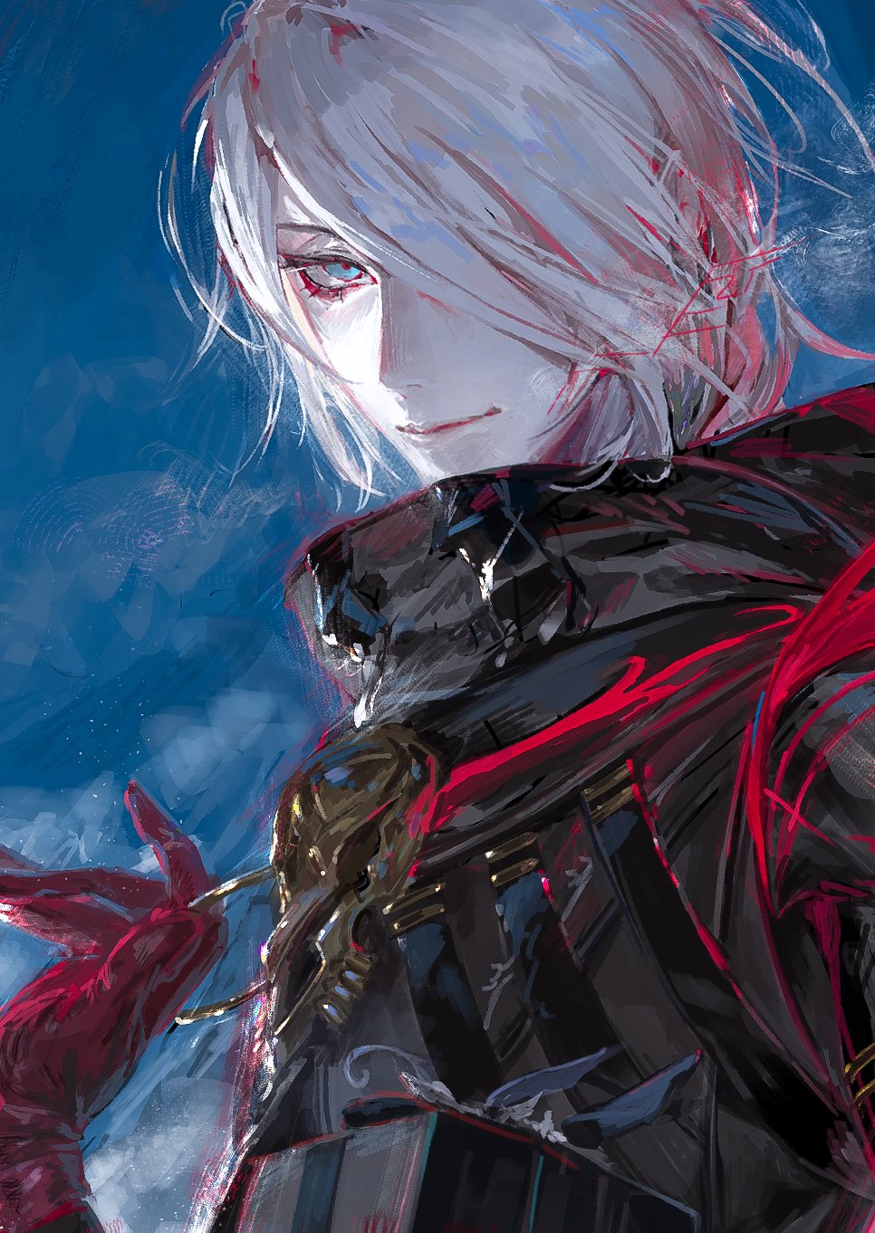 1boy, black_coat, blue_sky, breath, coat, colored_skin, egawa_akira, eyeshadow, eyeshadow_under_eye, fate/grand_order, fate_(series), gloves, hair_over_one_eye, highres, hood, karna_(fate), karna_(santa)_(fate), looking_at_viewer, makeup, male_focus, red_eyeshadow, red_gloves, short_hair, sky, smile, solo, upper_body, white_hair, white_skin