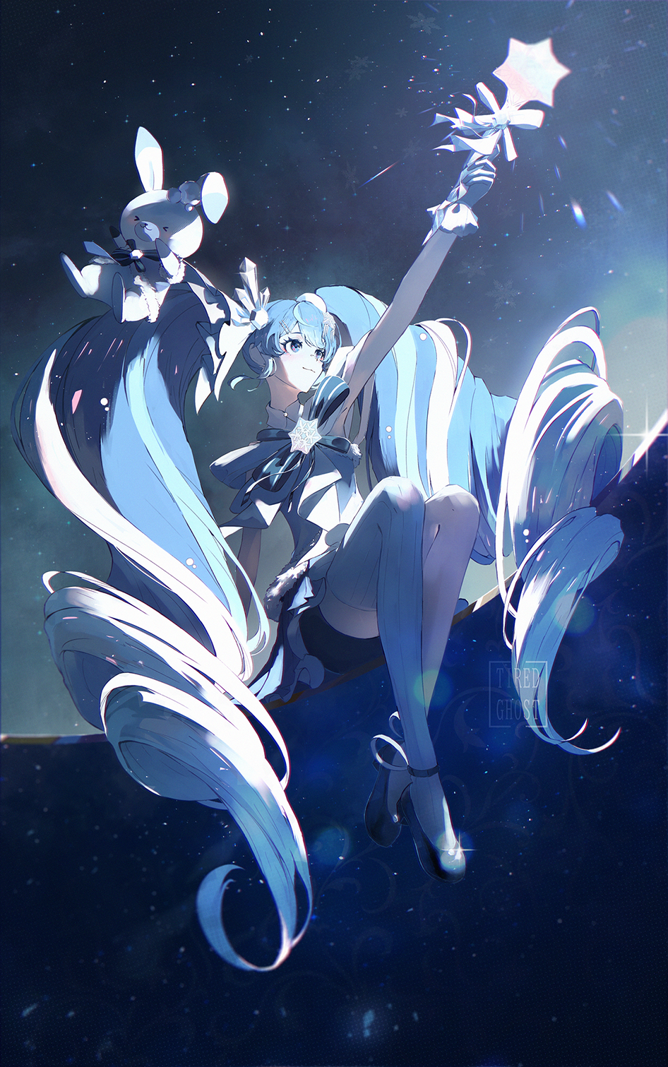 >_<, 1girl, :3, absurdly_long_hair, arm_up, artist_name, black_footwear, black_shorts
