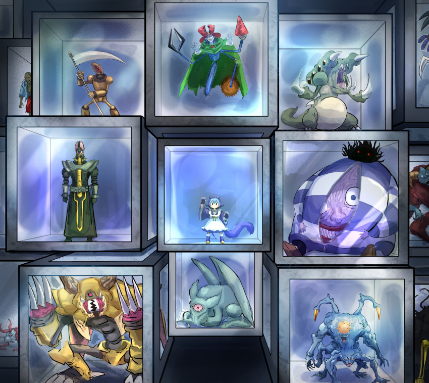 1girl, 6+boys, blue_hair, blue_kimono, box, chakra_(yu-gi-oh!), character_request, dark_jeroid