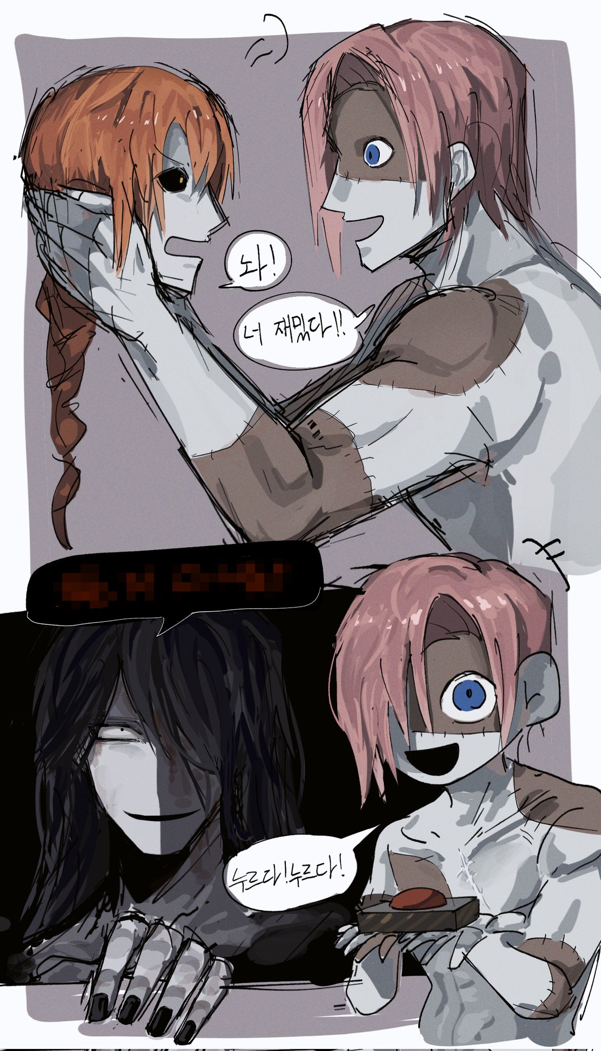 3boys, black_hair, black_sclera, blue_eyes, braid, colored_sclera, highres, homicipher