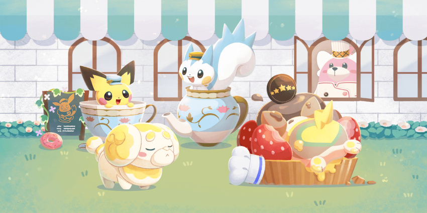 :d, animal_focus, artist_request, awning, bewear, blue_hat, blush, blush_stickers