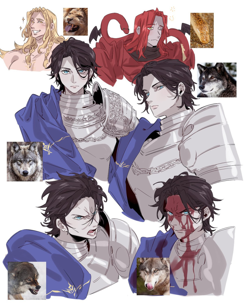 1girl, 2boys, angry, armor, blonde_hair, blood, blood_on_face, blue_eyes, blue_sash, brown_hair, commentary, elden_ring, elden_ring:_shadow_of_the_erdtree, english_commentary, godwyn_the_golden, highres, licking_lips, lion, long_hair, looking_at_viewer, looking_down, looking_to_the_side, messmer_the_impaler, multiple_boys, nozakikotaro4, photo-referenced, plate_armor, red_hair, rellana_twin_moon_knight, sash, smile, snake, sparkle, tongue, tongue_out, white_background, wolf, yellow_eyes