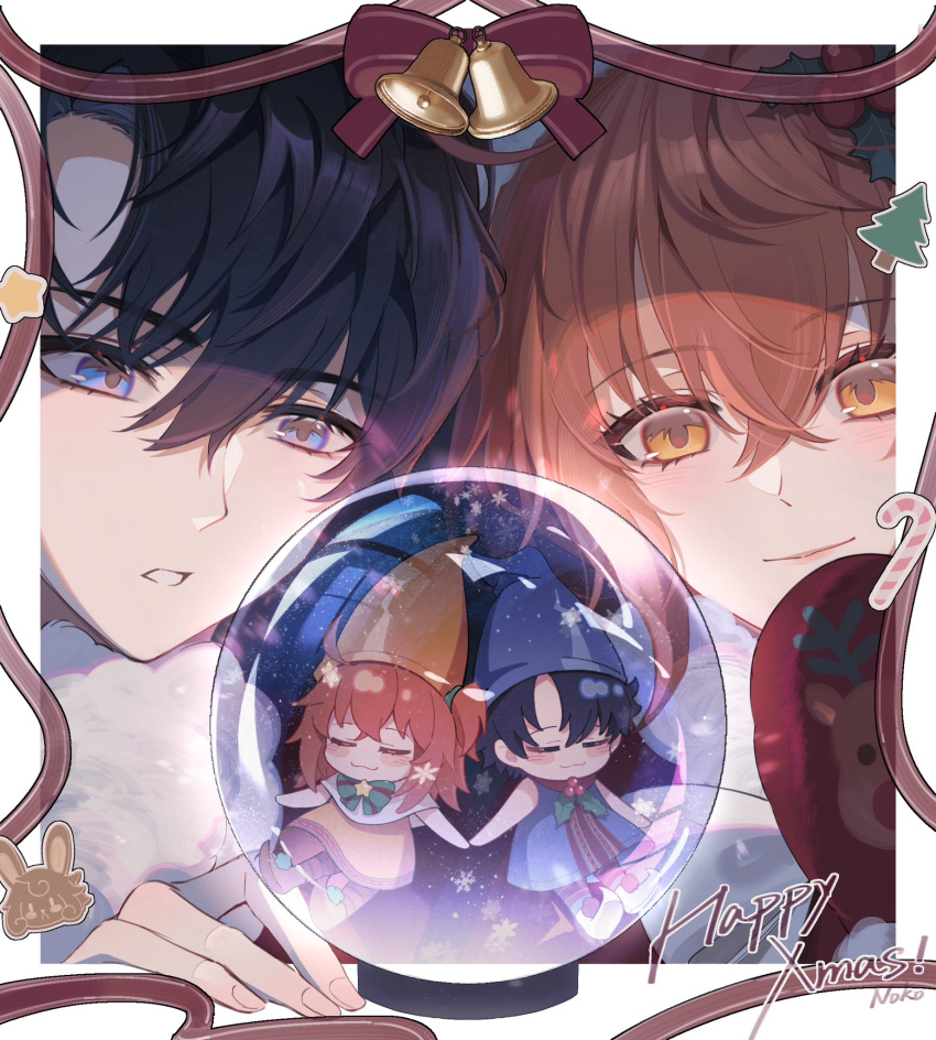 2boys, 2girls, ahoge, bell, black_hair, blue_eyes, blush, bow, christmas, closed_eyes, conical_hat, dullnoko, fate/grand_order, fate_(series), fujimaru_ritsuka_(female), fujimaru_ritsuka_(female)_(tonttu), fujimaru_ritsuka_(male), fujimaru_ritsuka_(male)_(tonttu), hair_between_eyes, highres, looking_at_another, multiple_boys, multiple_girls, one_side_up, open_mouth, orange_hair, pointy_hat, short_hair, smile, snow_globe, tunic