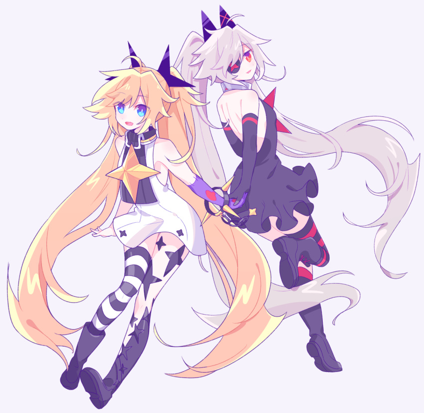 2girls, ahoge, asymmetrical_legwear, black_bow, black_footwear, black_gloves, black_neckerchief, black_socks