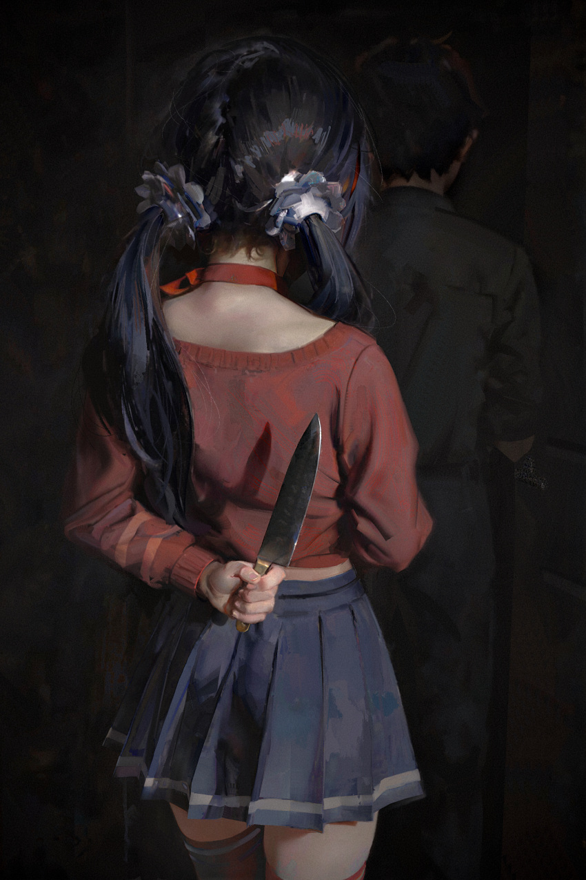 1boy, 1girl, absurdres, arm_behind_back, black_hair, blue_skirt, from_behind, highres