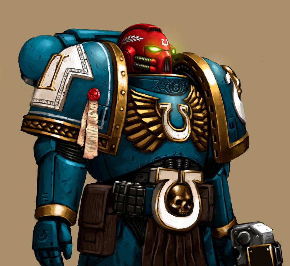 1boy, adeptus_astartes, armor, bolter, brown_background, english_commentary, fonteart, full_armor