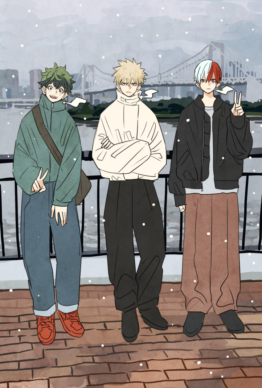 3boys, bakugou_katsuki, blonde_hair, boku_no_hero_academia, bridge, commentary_request, crossed_arms, freckles