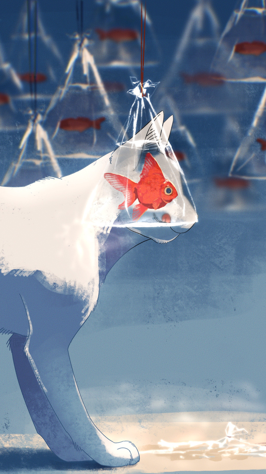 absurdres, bag, bagged_fish, blue_background, cat, commentary_request, fish, goldfish