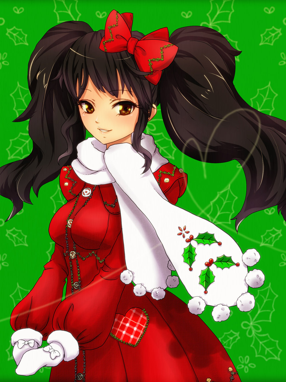 1girl, black_hair, bow, brown_eyes, coat, disney, gloves, hair_bow, highres, humanization, long_hair, looking_at_viewer, minnie_mouse, personification, scarf, smile, solo, star-dust, twintails, white_gloves, white_scarf
