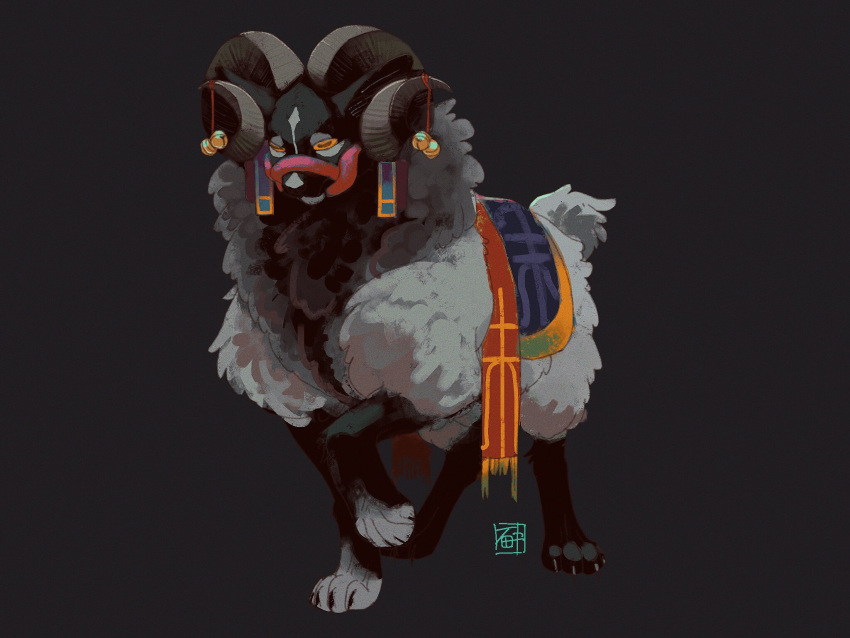 black_background, cat, chinese_zodiac, commentary_request, creature, full_body, highres, horn_bell