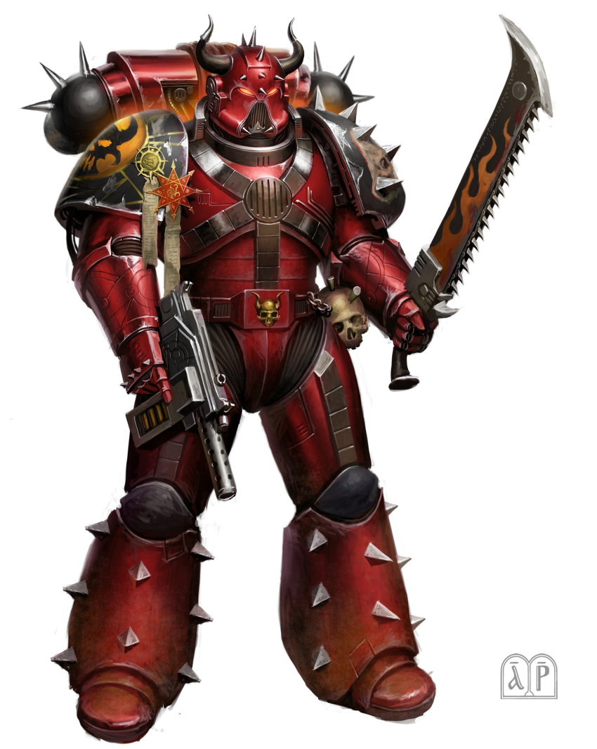 1boy, adeptus_astartes, armor, bolter, chainsword, chaos_(warhammer), chaos_space_marine, dual_wielding, elijah_arhpriest, english_commentary, full_body, gun, helmet, highres, holding, holding_gun, holding_sword, holding_weapon, horns, male_focus, pauldrons, shoulder_armor, simple_background, skull, spiked, spikes, standing, sword, warhammer_40k, weapon, white_background, word_bearers