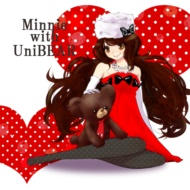 1girl, black_pantyhose, brown_hair, disney, dress, english_text, gloves, humanization, jewelry, long_hair, looking_at_viewer, minnie_mouse, necklace, pantyhose, personification, smile, solo, star-dust, stuffed_animal, stuffed_toy, teddy_bear, white_gloves