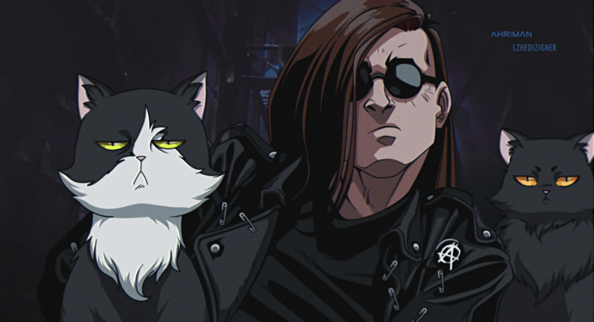 1boy, anarchy_symbol, artist_collaboration, artist_name, black_jacket, brown_hair, cat, dmitry_grozov, egor_letov, frown, glasses, grazhdanskaya_oborona_(band), green_eyes, hair_over_face, hair_over_one_eye, highres, jacket, leaning_to_the_side, leather, leather_jacket, long_hair, lzhe_dizigner, multiple_cats, night, night_sky, orange_eyes, patch, punk, round_eyewear, safety_pin, sky, sunglasses, urban