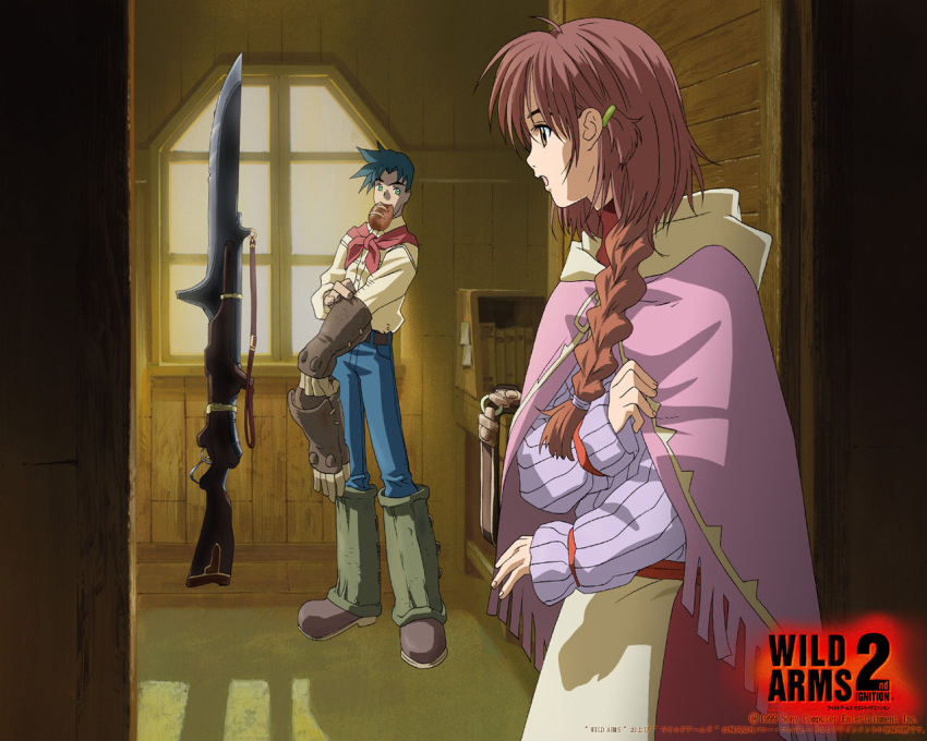 1boy, 1girl, 90s, ahoge, apron, artist_request, ashley_winchester, bayonet