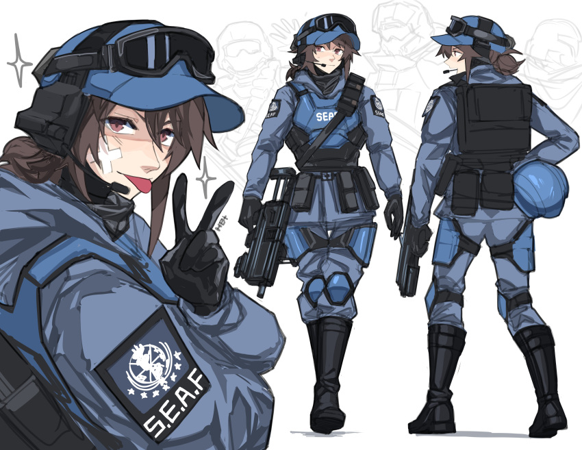 1girl, absurdres, bandage_on_face, bandages, baseball_cap, black_footwear, black_gloves, blue_hat, boots, brown_gloves, character_request, chest_harness, gloves, goggles, goggles_on_headwear, gun, harness, hat, heartbreak_juan, helldivers_(series), highres, holding, holding_gun, holding_weapon, knee_pads, submachine_gun, v, weapon