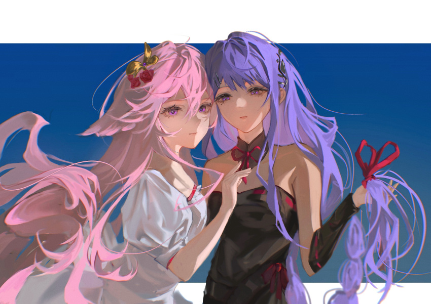 2girls, absurdres, alternate_costume, animal_ears, armpit_crease, bare_shoulders, black_dress, blue_background, blunt_bangs, braid, breasts, chinese_commentary, closed_mouth, collarbone, couple, detached_collar, detached_sleeves, dress, genshin_impact, gradient_background, hair_floating_upwards, hair_ornament, hair_ribbon, hand_up, heads_together, highres, holding, holding_own_hair, leaning_on_person, leaning_to_the_side, liyin312, long_braid, long_hair, long_sleeves, looking_at_viewer, looking_to_the_side, medium_breasts, mole, mole_under_eye, multiple_girls, neck_ribbon, pink_hair, pink_lips, puffy_short_sleeves, puffy_sleeves, purple_hair, raiden_shogun, red_ribbon, ribbon, shade, short_sleeves, single_braid, standing, upper_body, violet_eyes, white_dress, yae_miko, yuri