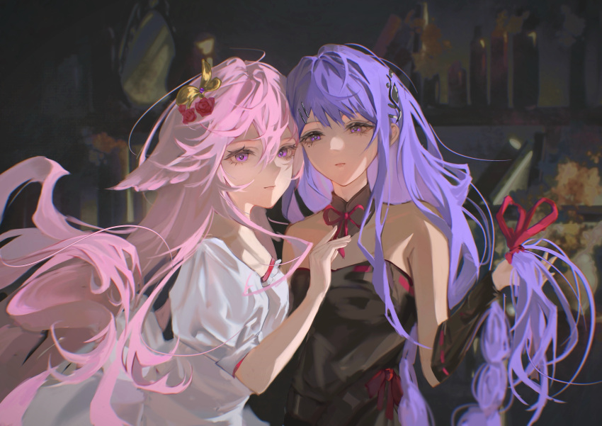 2girls, absurdres, alternate_costume, animal_ears, armpit_crease, bare_shoulders, black_dress, blunt_bangs, blurry, blurry_background, braid, breasts, chinese_commentary, closed_mouth, collarbone, couple, detached_collar, detached_sleeves, dress, genshin_impact, hair_floating_upwards, hair_ornament, hair_ribbon, hand_up, heads_together, highres, holding, holding_own_hair, leaning_on_person, leaning_to_the_side, liyin312, long_braid, long_hair, long_sleeves, looking_at_viewer, looking_to_the_side, medium_breasts, mole, mole_under_eye, multiple_girls, neck_ribbon, pink_hair, pink_lips, puffy_short_sleeves, puffy_sleeves, purple_hair, raiden_shogun, red_ribbon, ribbon, shade, short_sleeves, single_braid, standing, upper_body, violet_eyes, white_dress, yae_miko, yuri