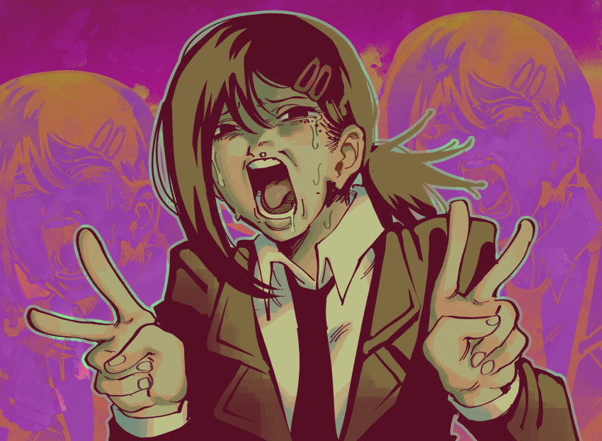 1girl, black_eyes, black_hair, black_jacket, black_necktie, chainsaw_man, collared_shirt, crying