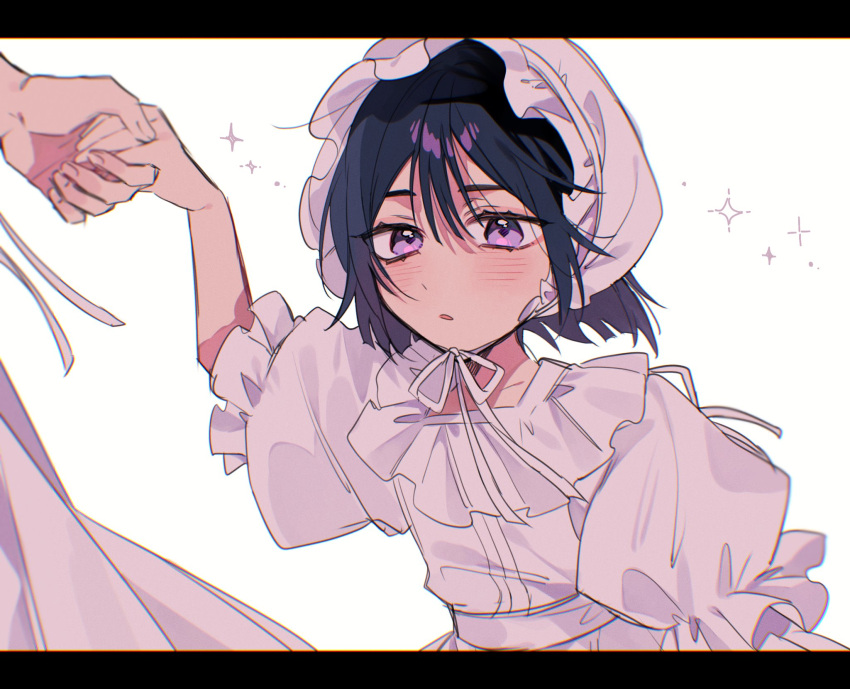 2girls, aged_down, alien_stage, black_hair, bonnet, commentary, dress, frilled_bonnet