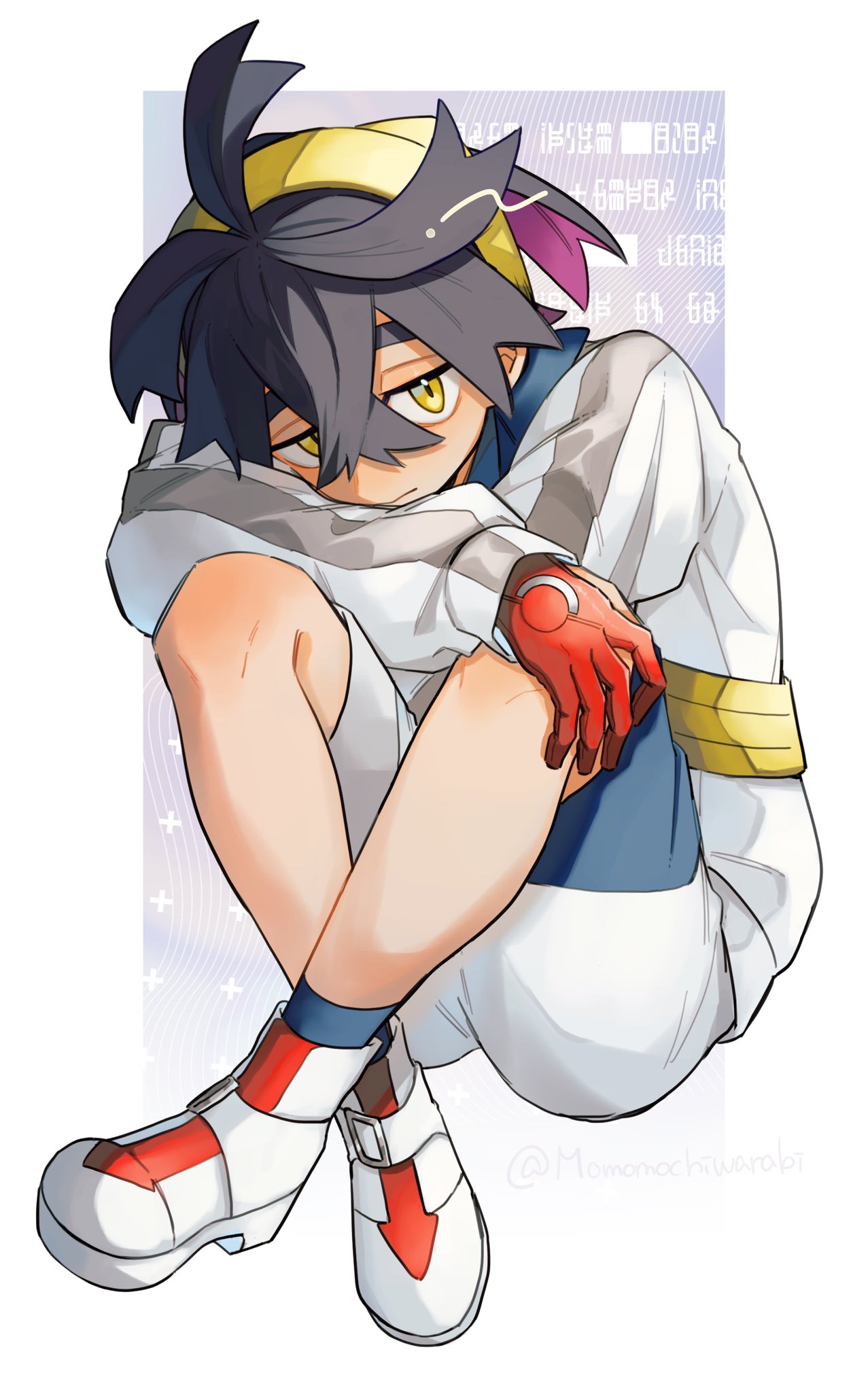 1boy, black_hair, blue_socks, closed_mouth, commentary, crossed_bangs, gloves, hair_between_eyes, hairband, highres, hugging_own_legs, jacket, kieran_(pokemon), long_sleeves, looking_at_viewer, male_focus, momomochiwarabi, multicolored_hair, partially_fingerless_gloves, pokemon, pokemon_sv, purple_hair, red_gloves, shoes, shorts, simple_background, sitting, socks, solo, twitter_username, white_footwear, white_jacket, yellow_eyes, yellow_hairband