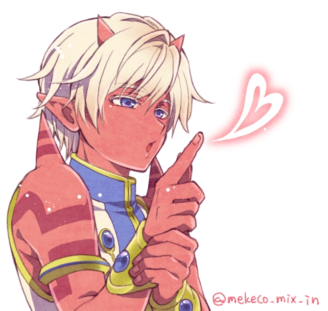 1boy, armlet, blowing, blue_eyes, blue_gemstone, blue_trim, colored_eyelashes, colored_skin