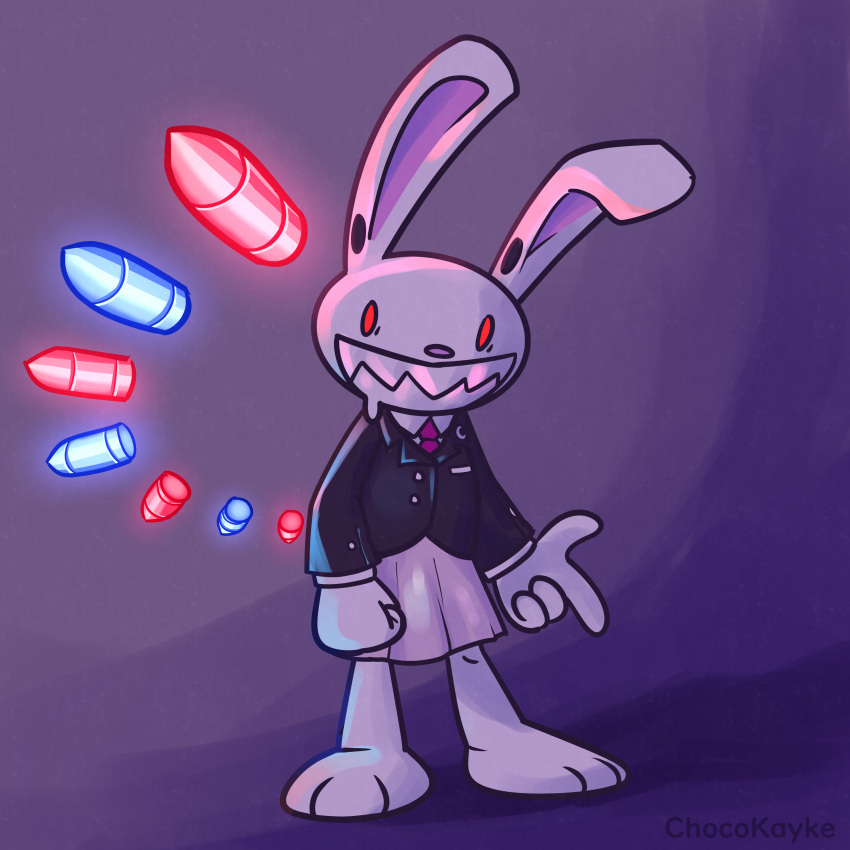 1boy, absurdres, animal_ears, barefoot, black_jacket, blazer, bullet, chocokayke, collared_shirt, commentary, cosplay, english_commentary, finger_gun, full_body, furry, furry_male, glowing, grin, highres, jacket, long_sleeves, looking_at_viewer, male_focus, max_(sam_&amp;_max), necktie, pink_skirt, purple_background, purple_necktie, rabbit_boy, rabbit_ears, red_eyes, reisen_udongein_inaba, reisen_udongein_inaba_(cosplay), sam_&amp;_max, sharp_teeth, shirt, skirt, smile, solo, standing, teeth, touhou, white_shirt