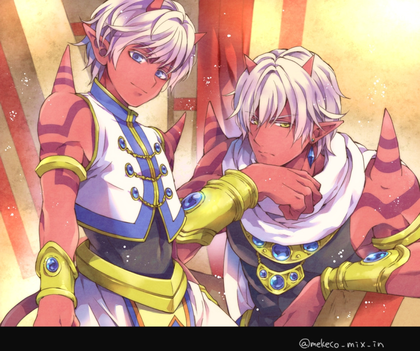 2boys, armlet, black_border, black_shirt, blue_eyes, blue_gemstone, blue_trim, border