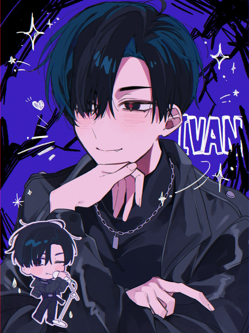 1boy, alien_stage, black_eyes, black_jacket, black_shirt, blue_background, chain, chain_necklace