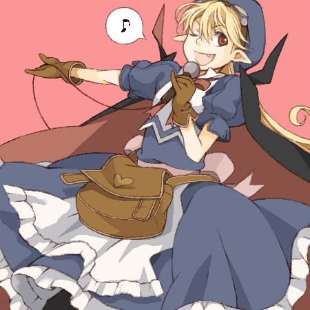 apron, bag, blonde_hair, blue_dress, bow, chiisanahana, cloak, dress, gloves, goggles, goggles_on_head, happy, hat, heart, long_hair, lowres, marivel_armitage, microphone, musical_note, open_mouth, pink_background, pointy_ears, red_eyes, ribbon, singing, solo, vampire, wild_arms, wild_arms_2, wink
