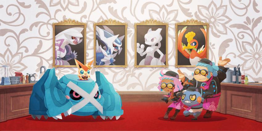 1boy, 1girl, :d, :o, amandine_(pokemon), apron, arms_up, artist_request