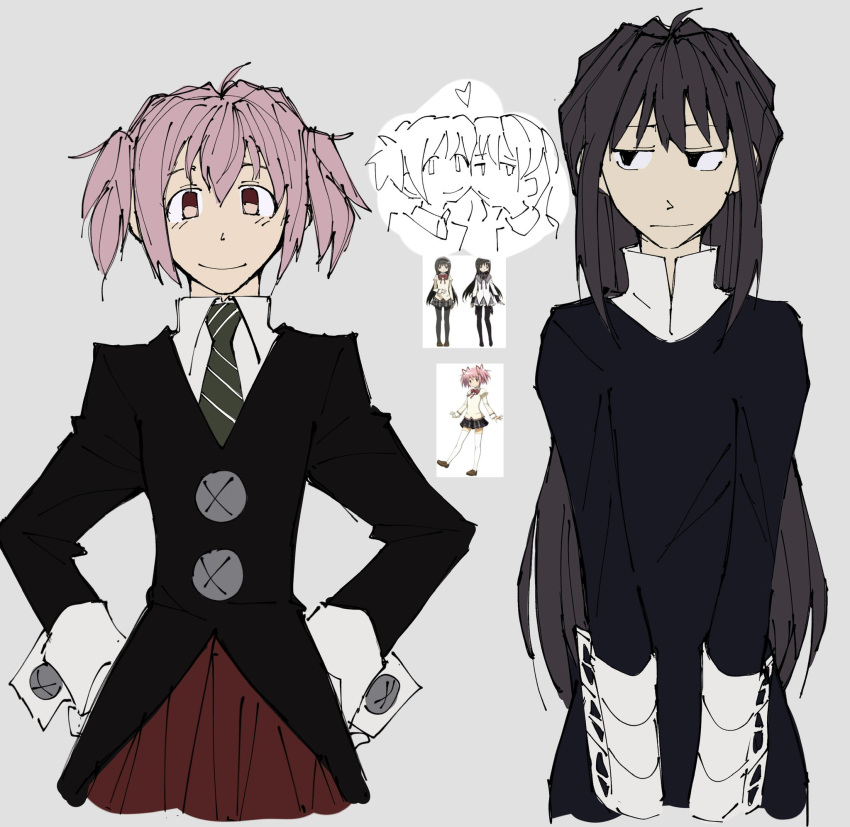 2girls, :/, alternate_costume, black_eyes, black_hair, chibi, chibi_inset, closed_mouth