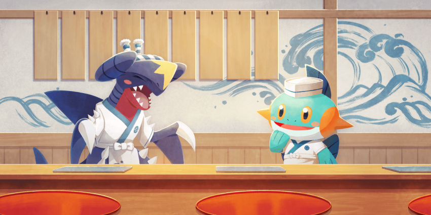 :d, artist_request, blush, blush_stickers, claws, closed_eyes, clothed_pokemon, garchomp, hat, highres, indoors, marshtomp, no_humans, official_art, open_mouth, orange_eyes, pokemon, pokemon_(creature), pokemon_cafe_remix, sharp_teeth, smile, spikes, teeth, third-party_source, white_hat