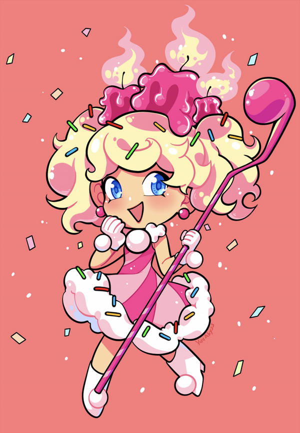 1girl, :d, birthday_cake_cookie, blonde_hair, blue_eyes, blush, cookie_run, curly_hair
