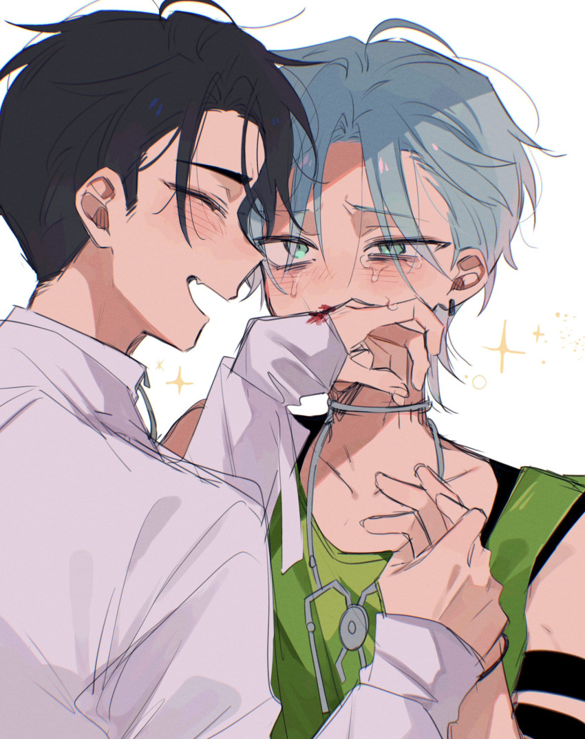 2boys, alien_stage, armband, black_hair, blood, closed_eyes, coat, commentary