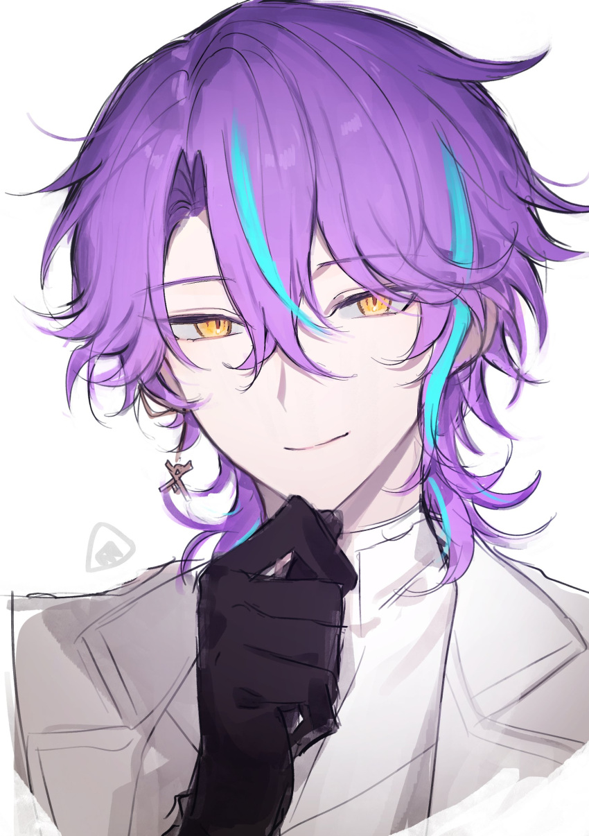 1boy, absurdres, alternate_hair_length, alternate_hairstyle, bishounen, black_gloves, blue_hair, closed_mouth, coat, curtained_hair, eyes_visible_through_hair, gloves, hair_between_eyes, hand_on_own_chin, highres, kamishiro_rui, lapels, male_focus, multicolored_hair, notched_lapels, onigiri_0000, portrait, project_sekai, purple_hair, shirt, short_hair, simple_background, smile, solo, streaked_hair, two-tone_hair, white_background, white_coat, white_shirt, yellow_eyes