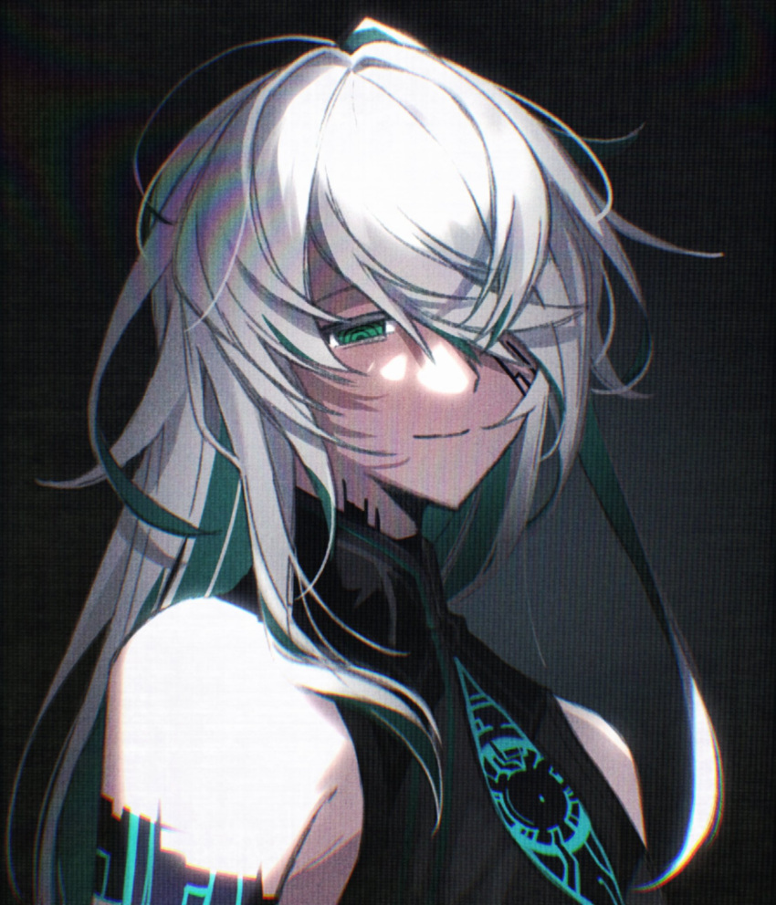 1boy, ainchase_ishmael, apostasia_(elsword), bare_shoulders, black_background, chromatic_aberration, closed_mouth, colored_inner_hair, cracked_skin, elsword, green_eyes, green_hair, hair_over_one_eye, half-closed_eyes, highres, long_hair, looking_at_viewer, male_focus, multicolored_hair, portrait, ringed_eyes, simple_background, smile, solo, third_eye_on_chest, two-tone_hair, virtual-ocean, white_hair
