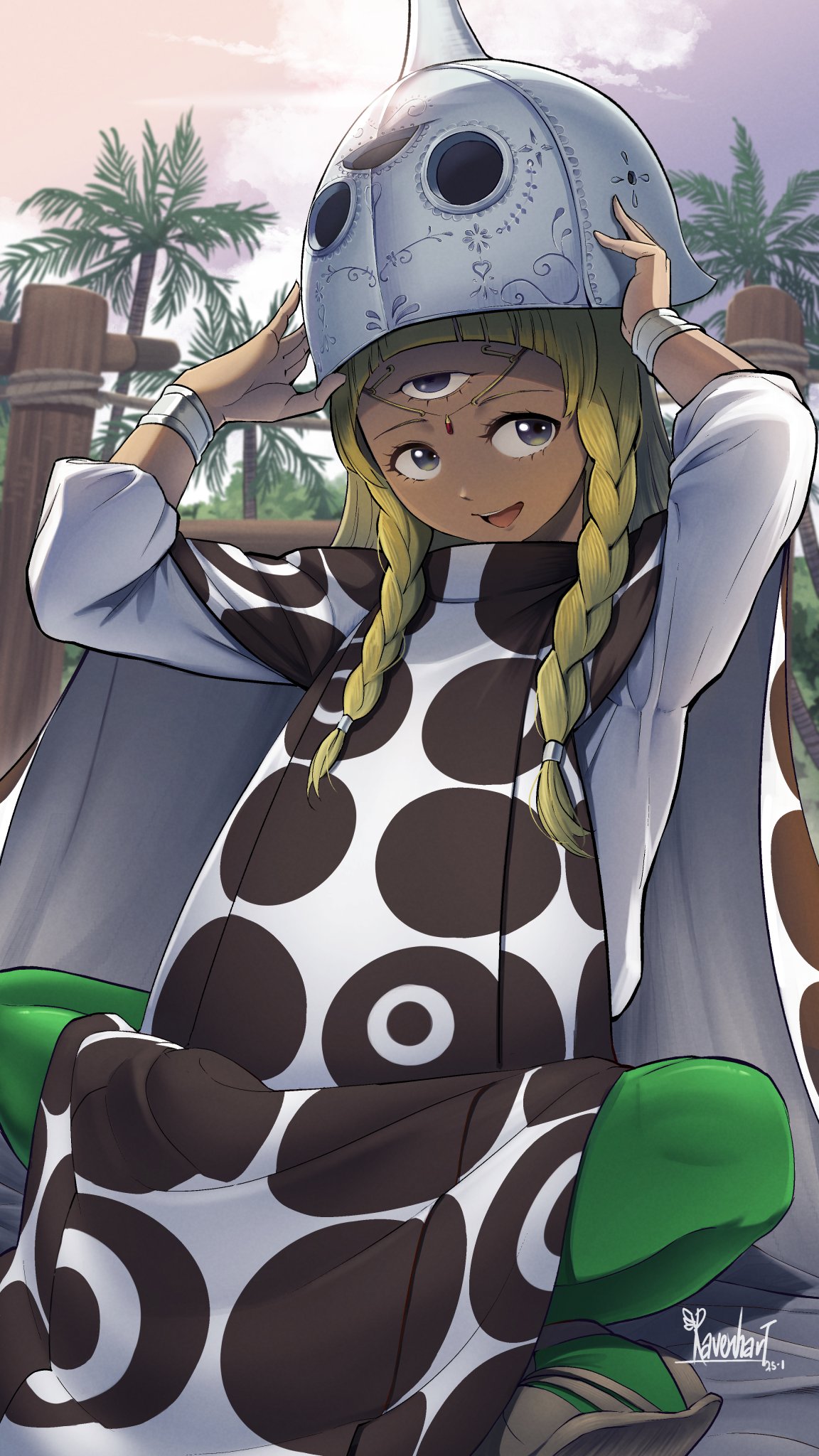 1girl, blonde_hair, blunt_bangs, braid, commentary, dark-skinned_female, dark_skin, eupha_(metaphor:_refantazio), green_pantyhose, helmet, highres, long_hair, long_sleeves, metaphor:_refantazio, open_mouth, outdoors, palm_tree, pantyhose, poncho, ravenhart, sandals, signature, sitting, smile, solo, teeth, third_eye, tree, twin_braids, upper_teeth_only, violet_eyes