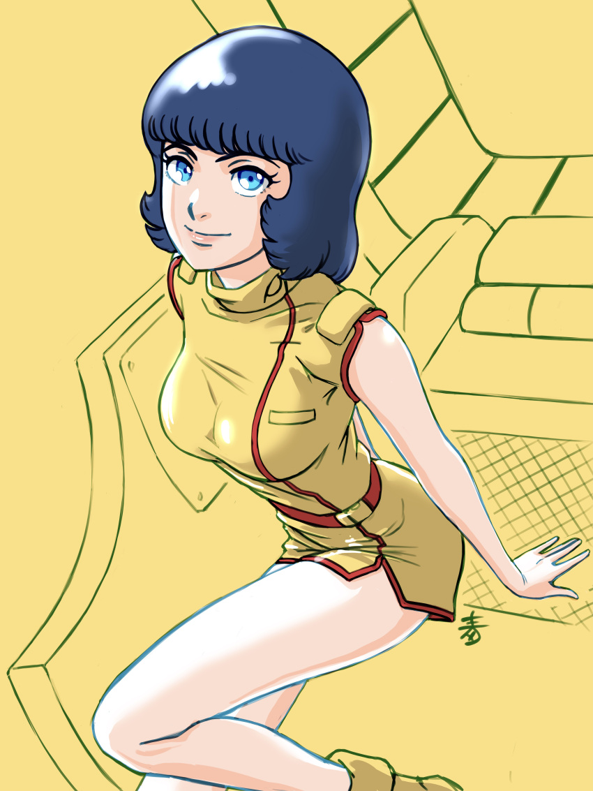 1girl, absurdres, aeug, aobito_sukoyaka_bystander, blue_eyes, blue_hair, boots, cockpit