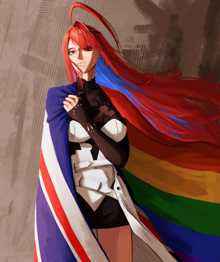 1girl, absurdres, ahoge, black_skirt, blue_hair, closed_mouth, colored_inner_hair, elizabeth_rose_bloodflame, elizabeth_rose_bloodflame_(1st_costume), gradient_hair, highres, hololive, hololive_english, huge_ahoge, lgbt_pride, light_smile, long_hair, looking_at_viewer, mairu_(user_2757), multicolored_hair, rainbow_flag, red_eyes, red_hair, skirt, solo, union_jack, virtual_youtuber