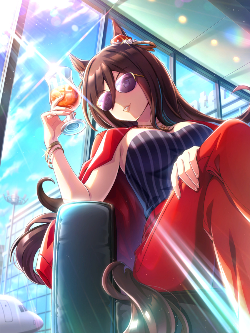 1girl, absurdres, aircraft, airplane, airport, animal_ears, bad_link, black_hair, breasts, casual, crossed_legs, cup, glass, hair_between_eyes, hair_ornament, highres, holding, holding_cup, horse_ears, horse_girl, jacket, lens_flare, official_art, pants, seeking_the_pearl_(umamusume), sitting, sky, solo, umamusume, window