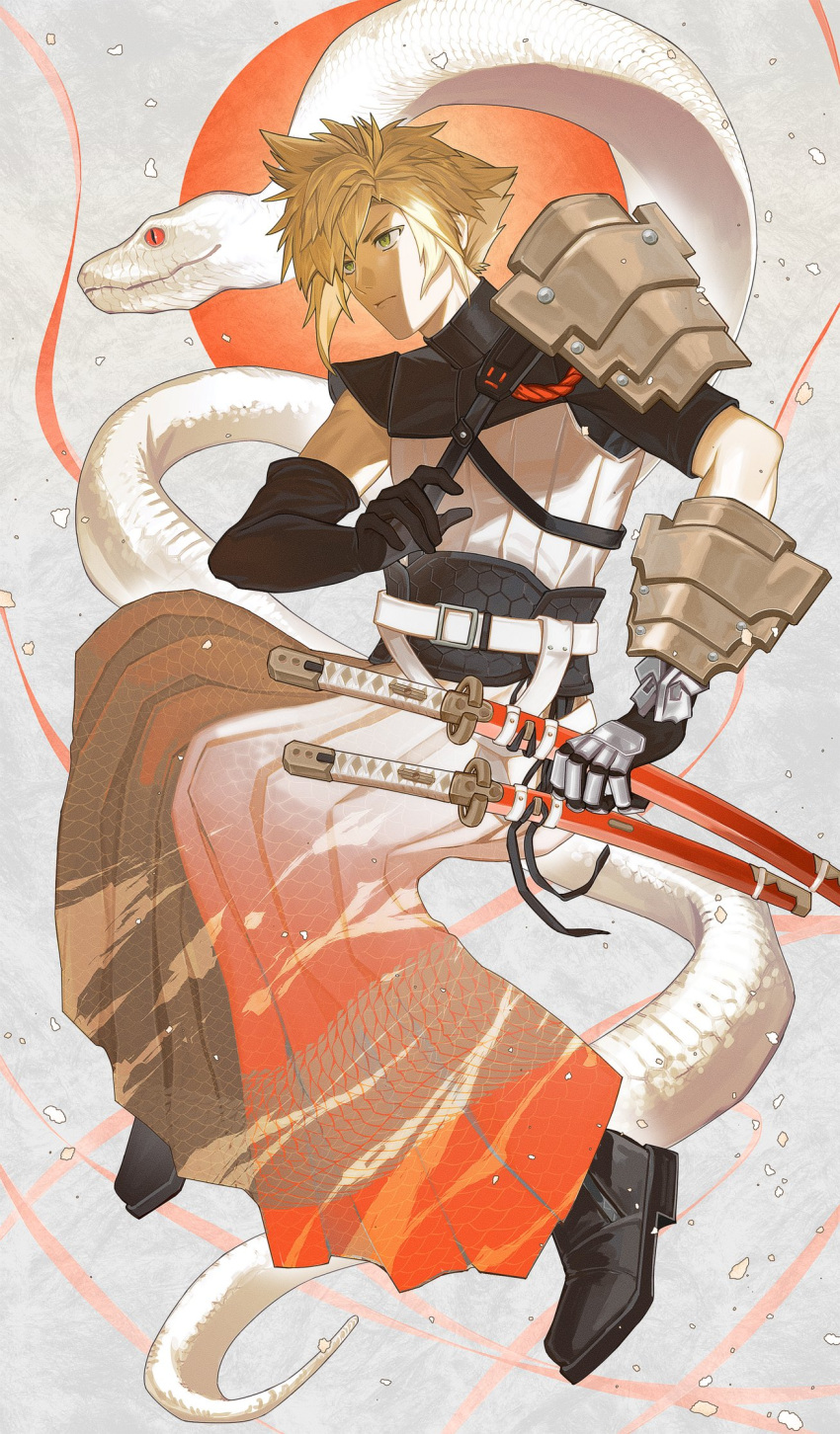 1boy, armor, armored_gloves, belt, black_footwear, black_gloves, blonde_hair, boots, chinese_zodiac, closed_mouth, cloud_strife, cloud_strife_(new_year's_battle_garb), final_fantasy, final_fantasy_vii, final_fantasy_vii_ever_crisis, floating_hair, full_body, gloves, gold_armor, hair_between_eyes, hakama, highres, japanese_clothes, katana, keiseki1, male_focus, multiple_swords, official_alternate_costume, print_hakama, red_eyes, shirt, short_hair, slit_pupils, snake_print, solo, spiky_hair, sword, weapon, white_belt, white_shirt, year_of_the_snake