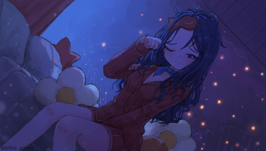 1girl, absurdres, akizuki_kawakaze, blue_hair, blue_ribbon, blush, colored_skin, highres