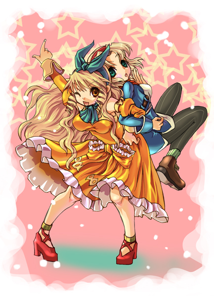 blonde_hair, bow, brown_eyes, calamity_jane, cecilia_lynne_adelhyde, coat, dress, green_eyes