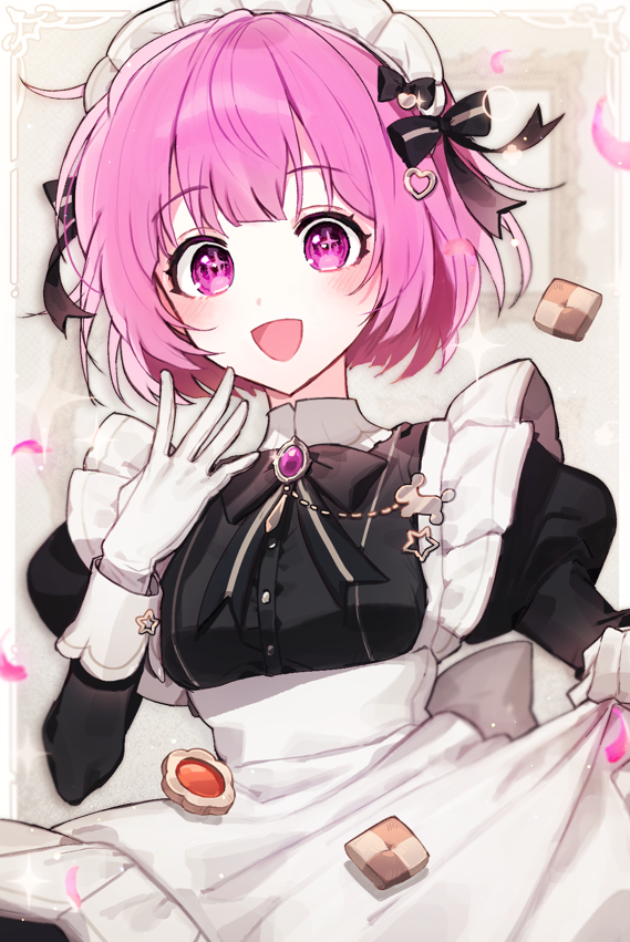 1girl, :d, alternate_costume, apron, back_bow, black_bow, black_dress, blunt_bangs