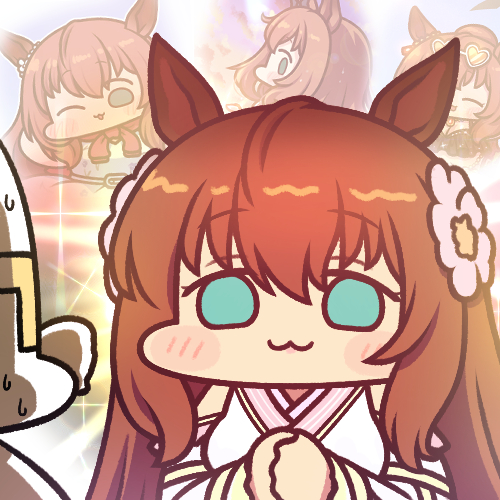 1boy, 1girl, :3, animal_ears, bikini, black_bikini, blush_stickers, brown_hair, chibi, commentary, ear_ornament, eyewear_on_head, flower, glowing, green_eyes, hair_flower, hair_ornament, heart, heart-shaped_eyewear, horse_ears, horse_girl, jacket_around_neck, japanese_clothes, jazz_jack, kimono, lowres, maruzensky_(blasting_off_summer_night)_(umamusume), maruzensky_(heavenly_maiden_of_divine_speed_offers_her_festive_greetings)_(umamusume), maruzensky_(umamusume), multiple_views, official_alternate_costume, official_alternate_hairstyle, one_eye_closed, own_hands_clasped, own_hands_together, pink_kimono, sparkle, sunglasses, sweatdrop, swimsuit, t-head_trainer_(umamusume), trainer_(umamusume), umamusume, wide_face