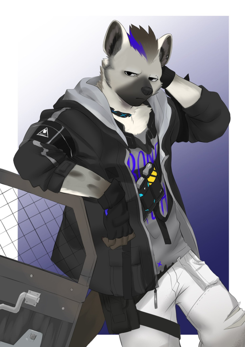 1boy, arknights, arm_behind_head, armband, black_hair, black_jacket, commentary_request, ear_piercing, eyebrow_piercing, fingerless_gloves, furry, furry_male, gloves, grey_fur, grey_shirt, highres, hyena_boy, hyena_ears, infection_monitor_(arknights), ioenami, jacket, leaning_on_weapon, looking_at_viewer, male_focus, multicolored_hair, pants, piercing, riot_shield, shield, shirt, spot_(arknights), streaked_hair, torn_clothes, torn_pants, white_pants