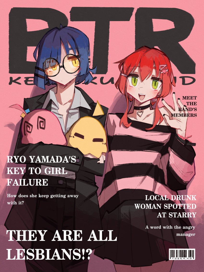 2girls, artist_name, black_choker, black_jacket, black_nails, black_pants, black_skirt, blue_hair