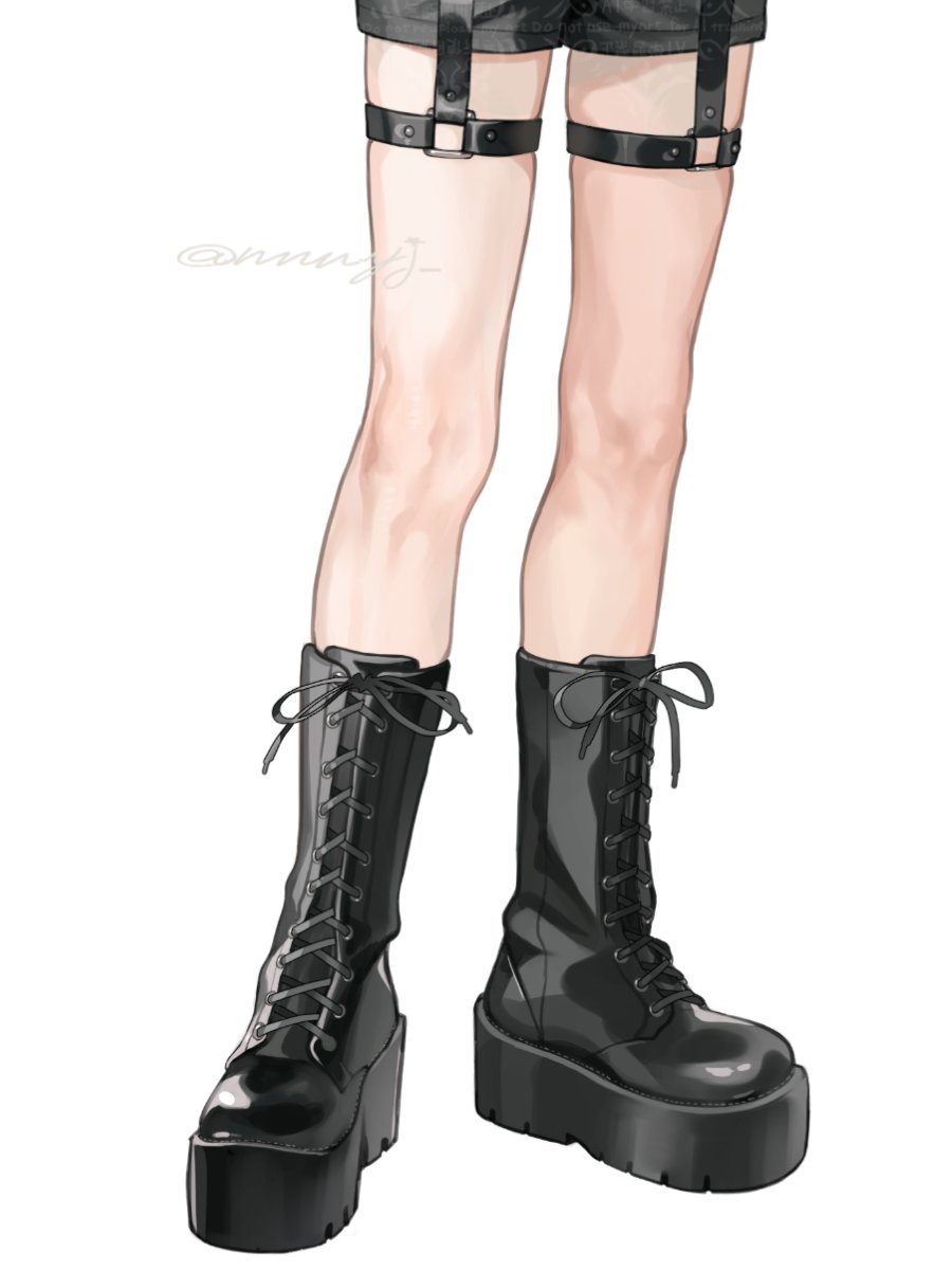 1boy, artist_name, black_footwear, black_garter_belt, black_shorts, boots, child, cropped