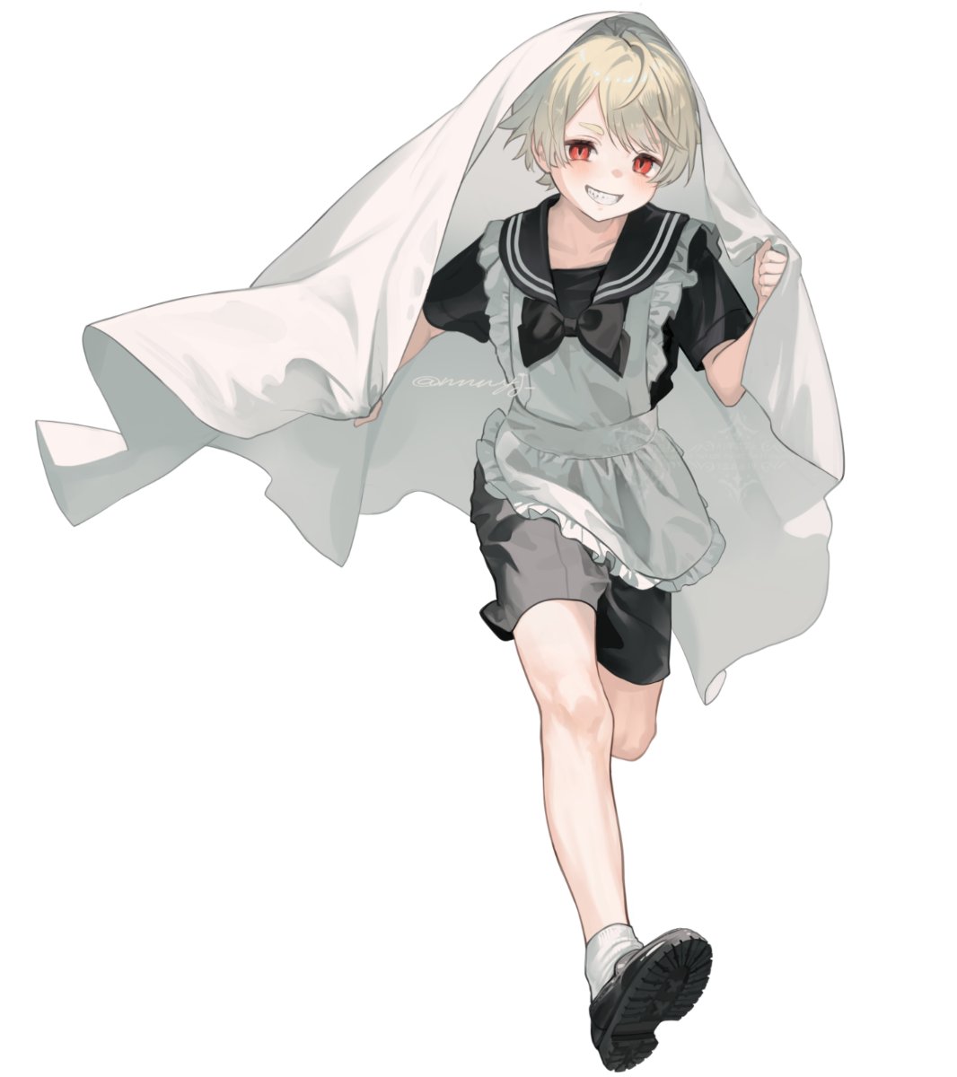 1boy, apron, bed_sheet, black_footwear, black_ribbon, black_serafuku, black_shorts, blonde_hair